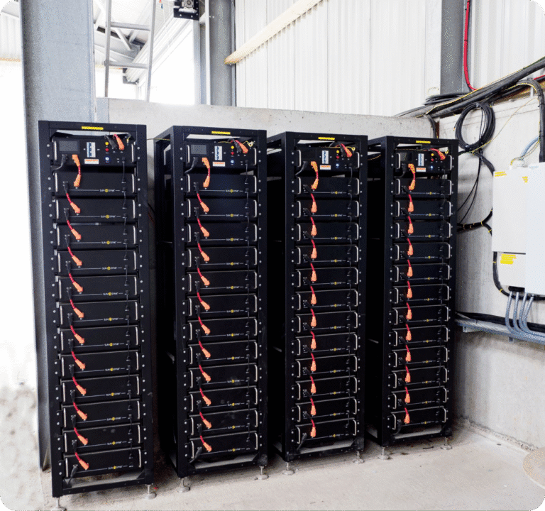 Battery storage units in a clean energy facility, representing flexible finance options for solar and renewable energy systems
