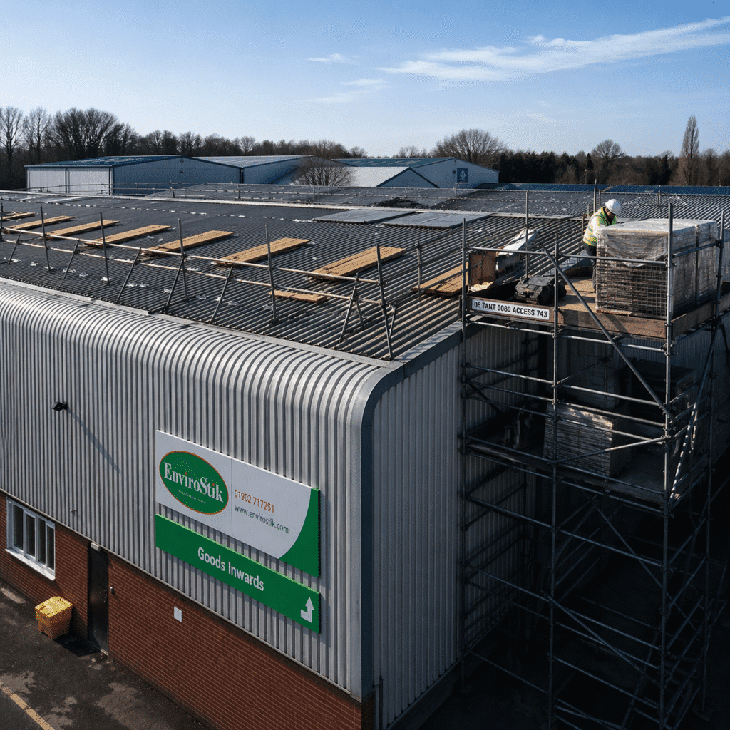 Industrial rooftop scene with scaffolding