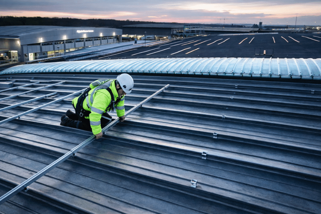 UK REIT Solar & Battery Storage Project Installing Solar Panels at Twilight