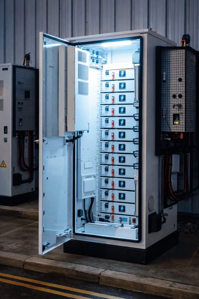 UK REIT Solar & Battery Storage Project Open battery storage at dusk