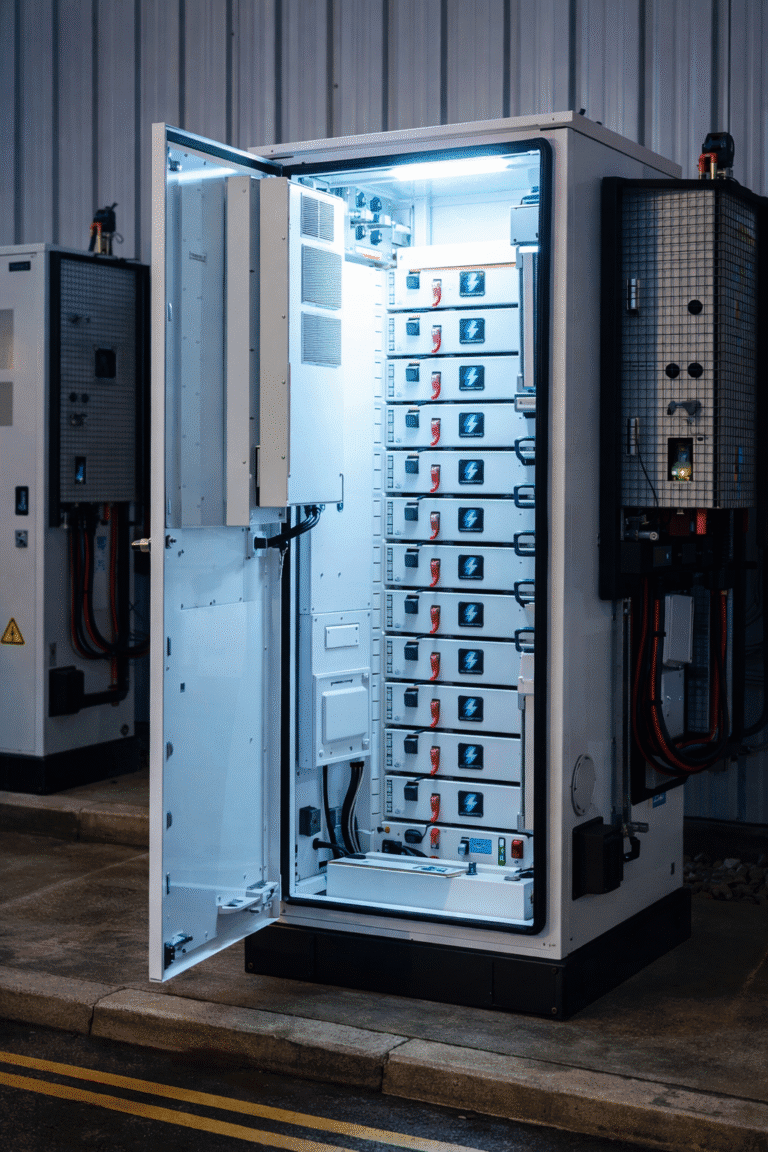 Open battery storage at dusk