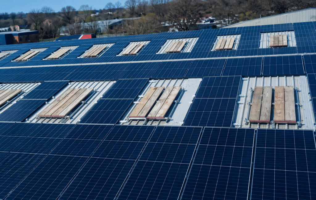 Solar panels and wooden skylights on roof