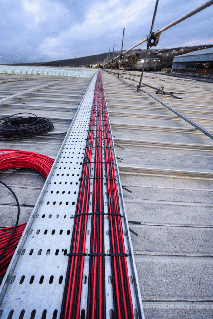 UK REIT Solar & Battery Storage Project Twilight Over Industrial Cable Tray