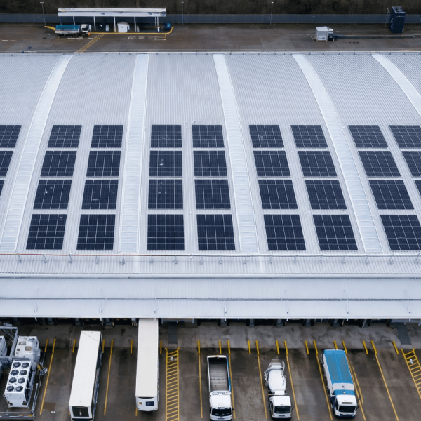 Solar panels on UK warehouse rooftop